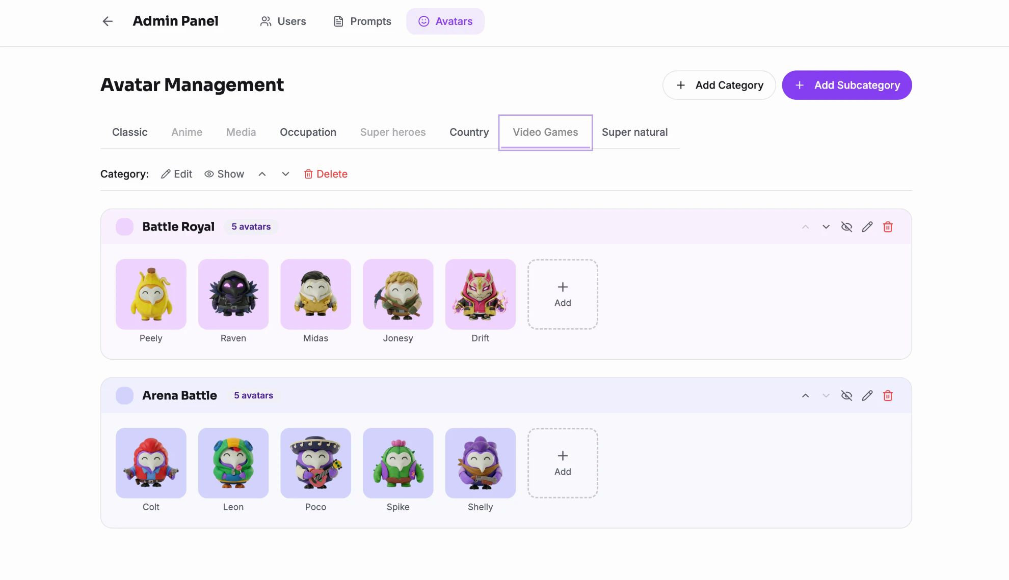 Sova admin panel, Avatar Management: categories such as Classic, Occupation, Country and Video Games, with subcategories holding five avatars each and an Add tile.