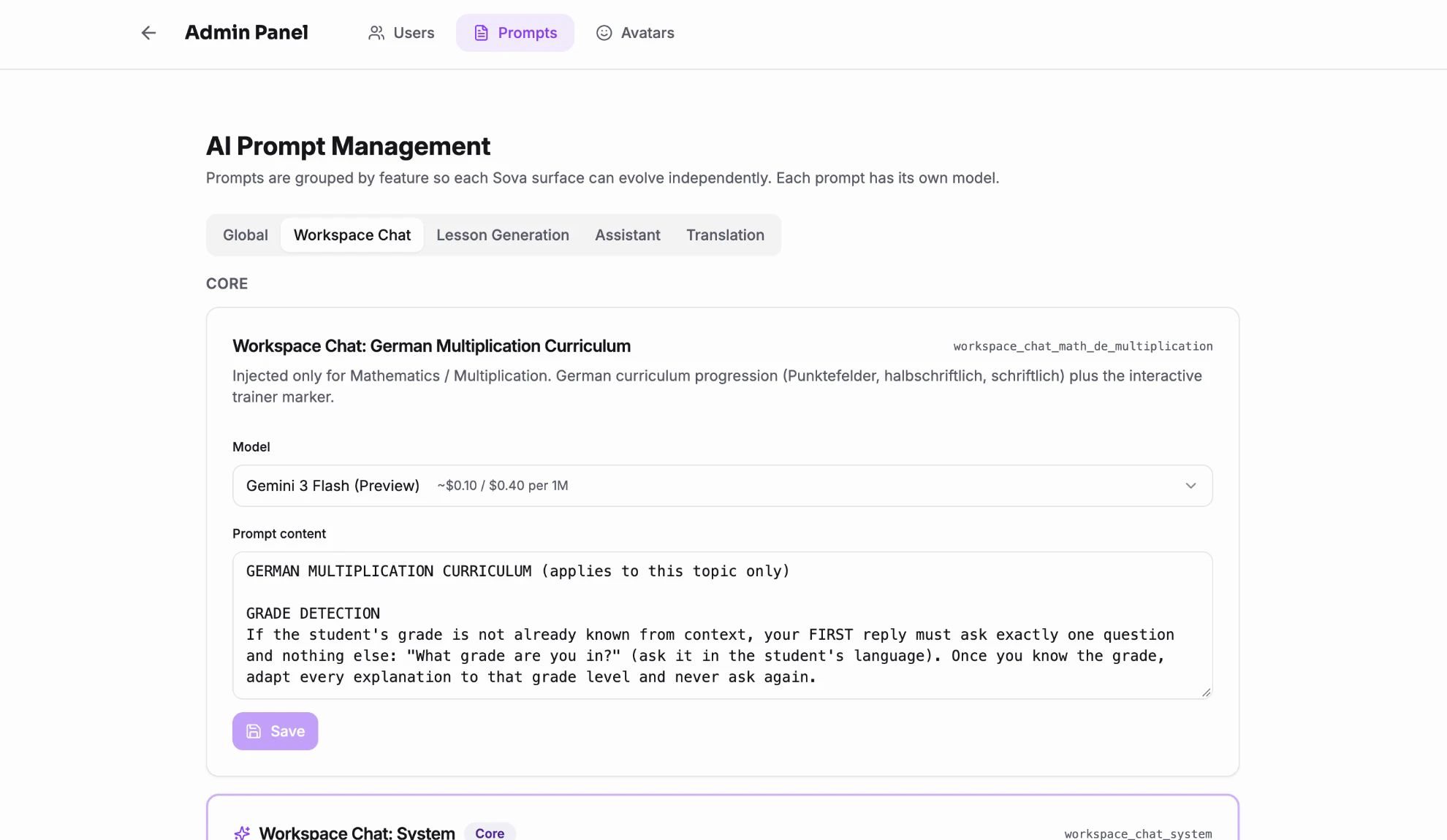 Sova admin panel, AI Prompt Management: prompts grouped by feature (Global, Workspace Chat, Lesson Generation, Assistant, Translation). A Workspace Chat prompt for the German multiplication curriculum is injected only for Mathematics / Multiplication and runs on its own model, with its cost per million tokens.