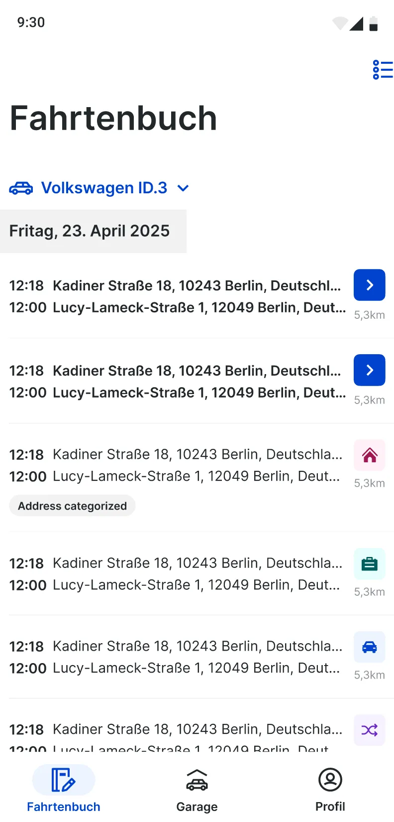 Fahrtenbuch trip list with dates, start and end addresses, and a status icon per trip.