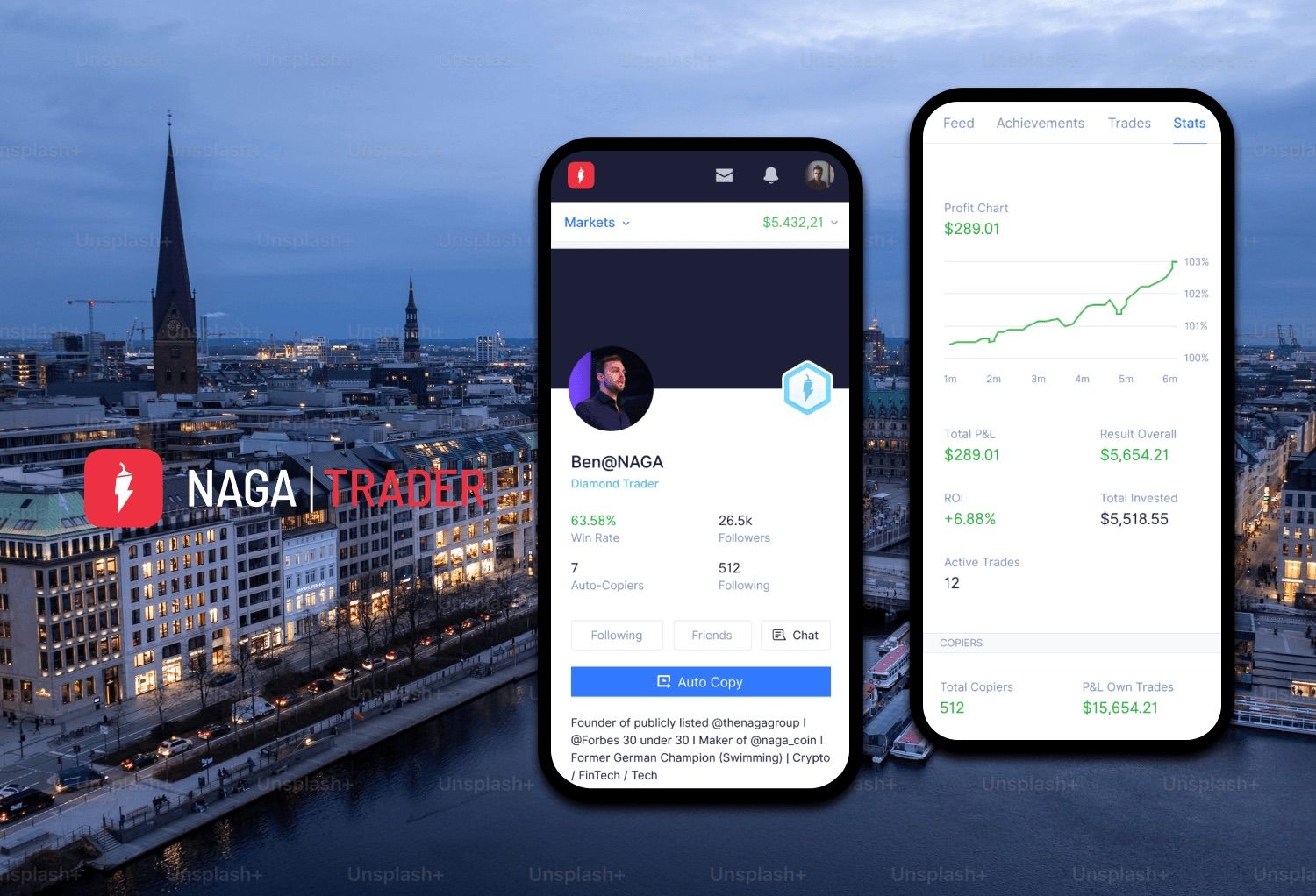 Two phones over a night-time city skyline. One shows a trader's social profile with a Copy button; the other shows portfolio performance stats.
