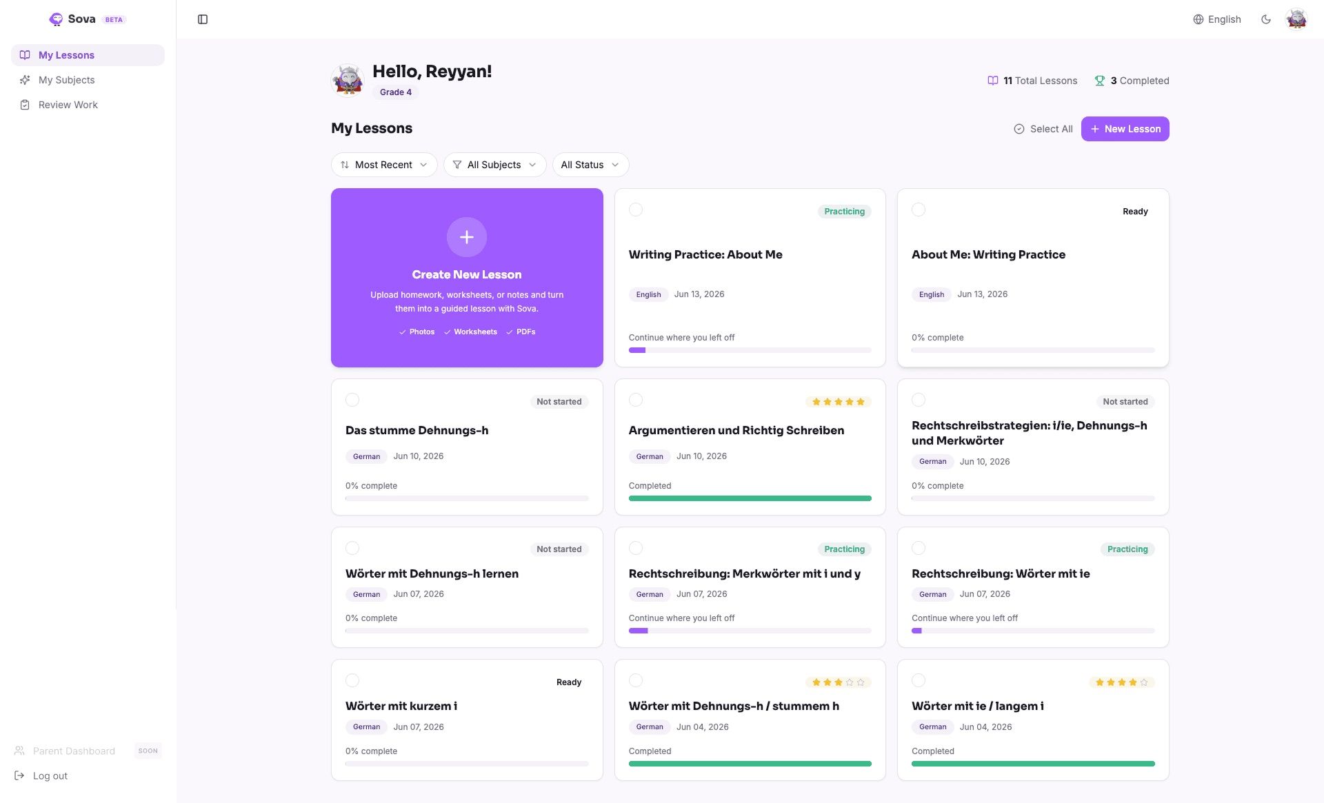 Sova's web dashboard, Hello Reyyan, with a create-new-lesson tile and a grid of lessons showing subject, status and progress.