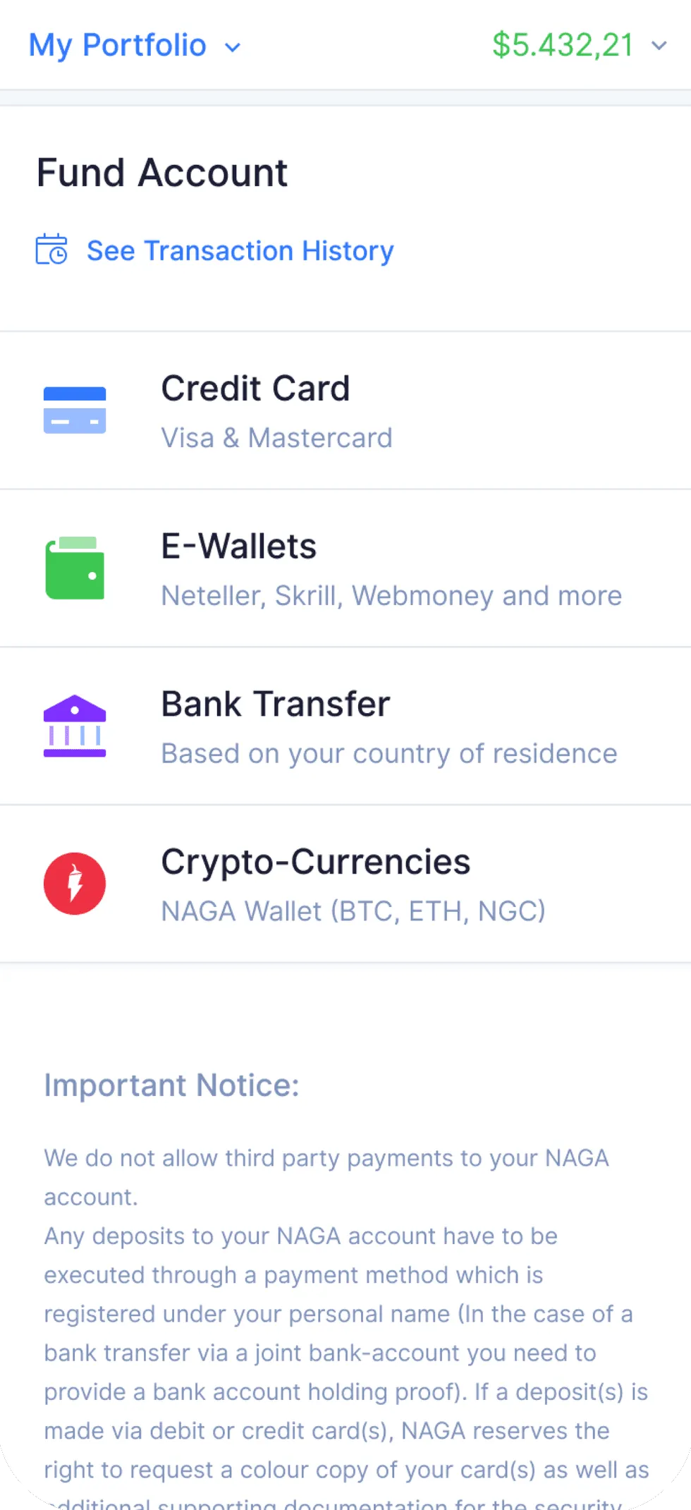Fund Account screen offering credit card, e-wallets, bank transfer and crypto-currencies via the NAGA Wallet.