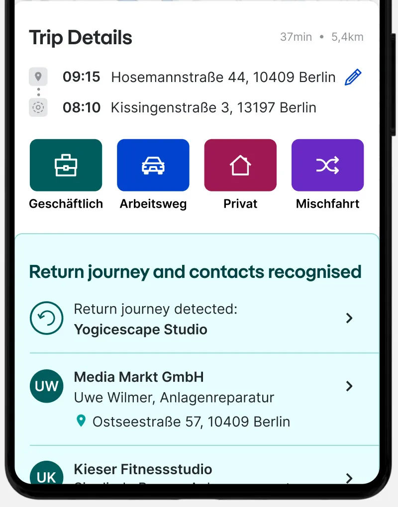 Android trip details with rounded-square category tiles and the same recognised-contacts panel.