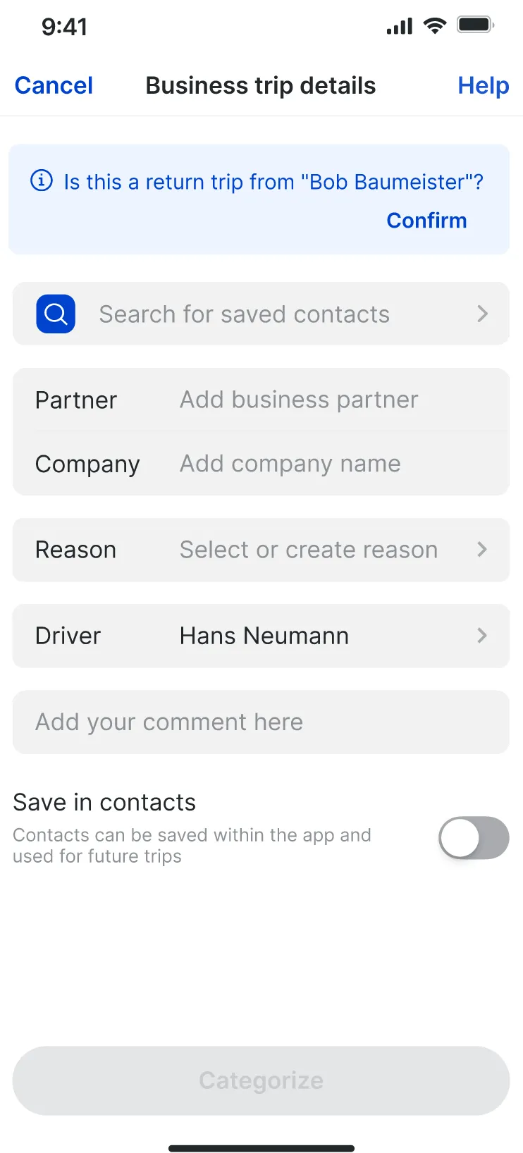 Business trip details before confirming: partner, company and reason empty, with the return-trip question at the top.