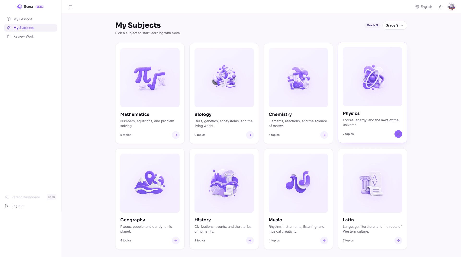 My Subjects in Sova for grade 9: Mathematics, Biology, Chemistry, Physics, Geography, History, Music and Latin, each with its number of topics.