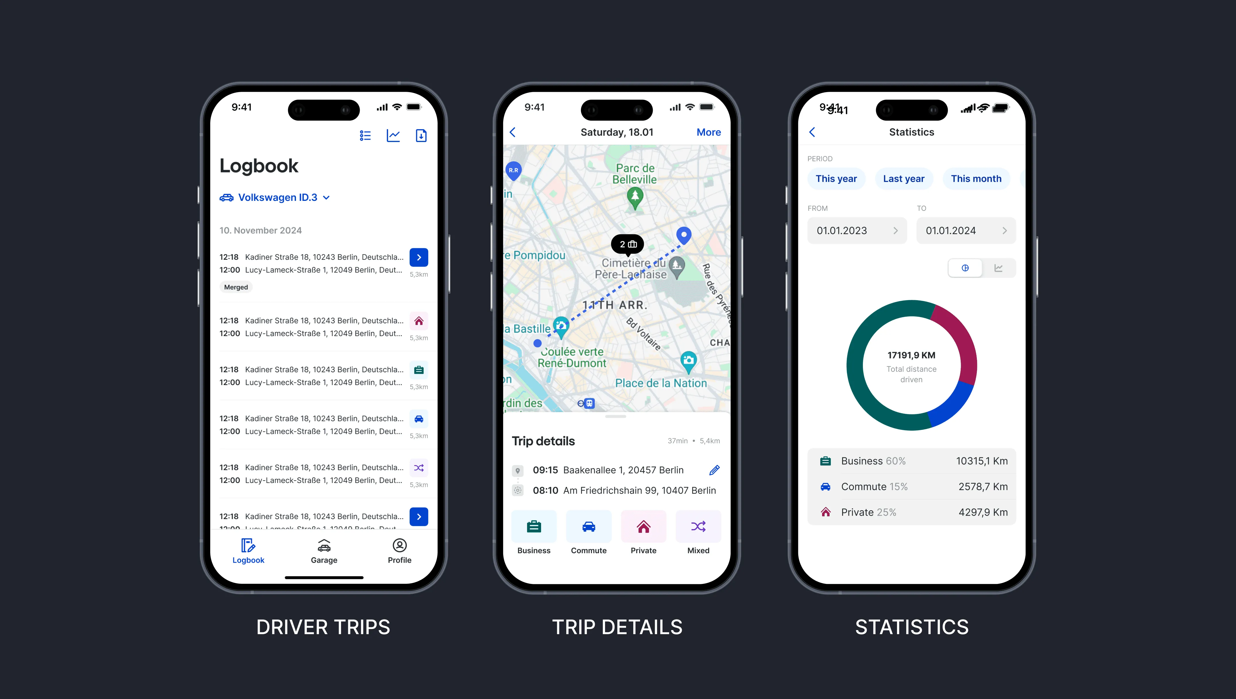 Light theme: driver trips, trip details and statistics screens.