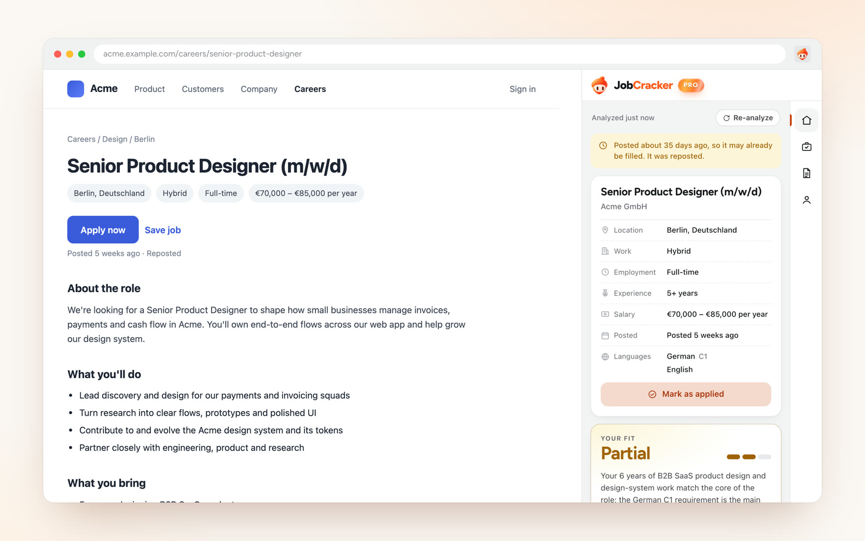 A demo Senior Product Designer posting in a browser, with the JobCracker side panel showing the job facts, the freshness note and the start of a Partial fit summary.