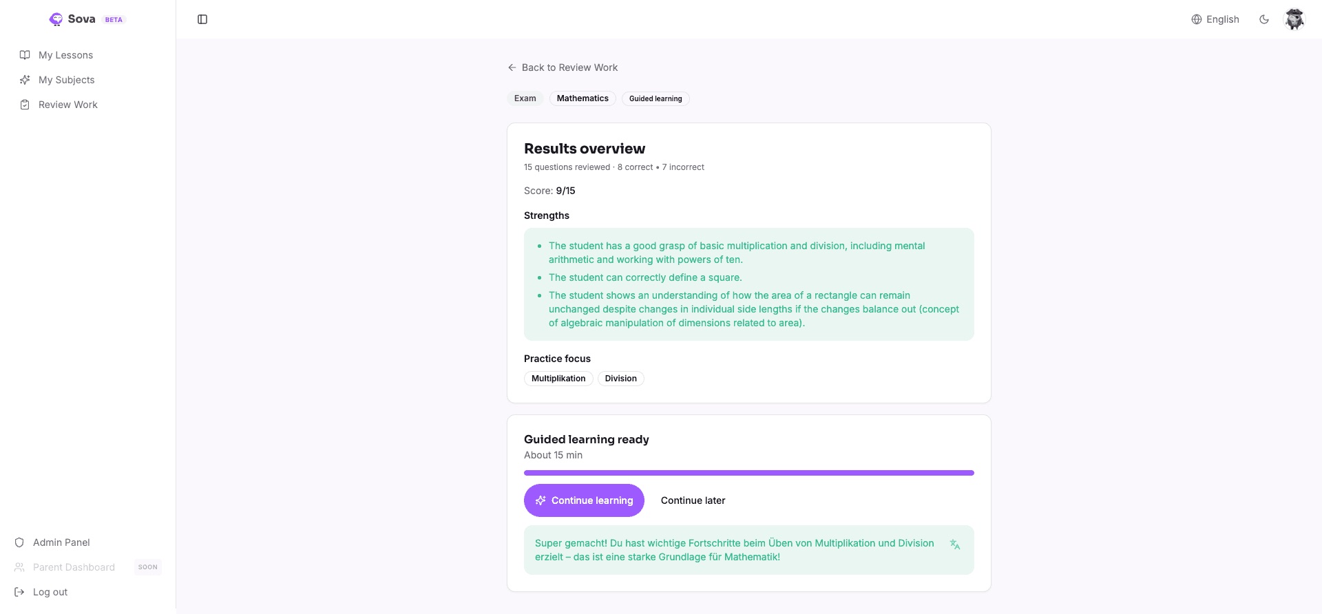 Results overview with a score, strengths and a suggested guided-learning session.