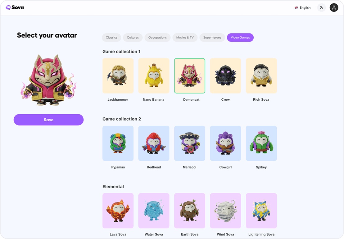 Avatar picker showing costume skins in game-inspired and elemental collections.
