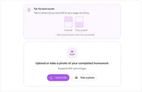 Upload screen with a tip to photograph one half of the page at a time.